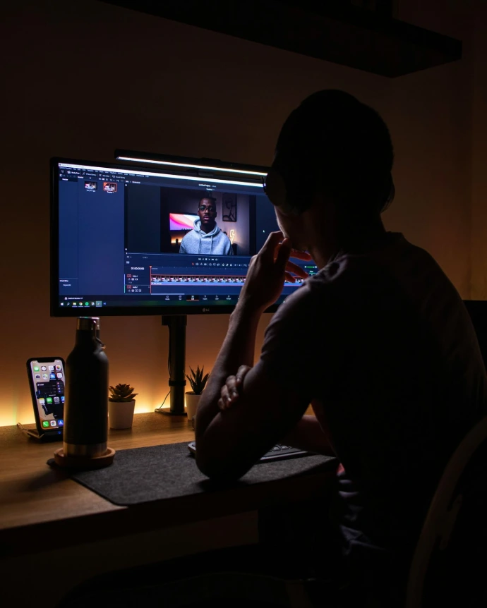 A person wearing headphones editing video on a computer in a dark workspace